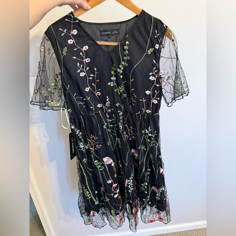 Azazie Luxedo Darling Romance Black Floral Embroidery Mini Dress